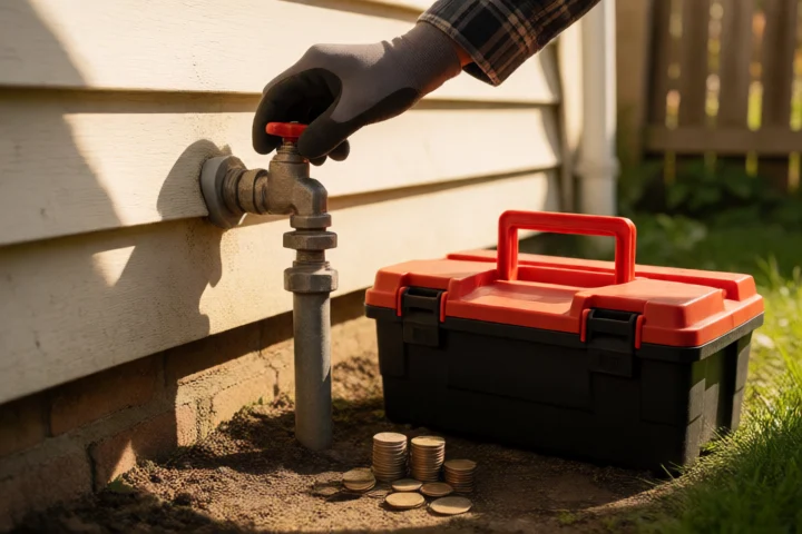 A gloved hand turns a household utility valve beside an exterior wall while a separate toolbox and small stack of coins rest on the ground
