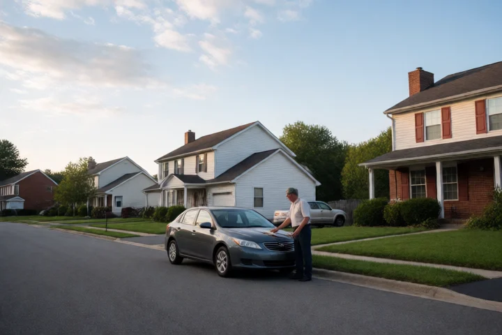 A resident stands beside a parked car and separates a small cash envelope from a repair wrench on the hood in a Suffolk neighborhood driveway