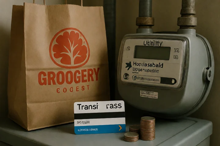 A Chesapeake resident compares a modest grocery bag, transit pass-shaped card turned away