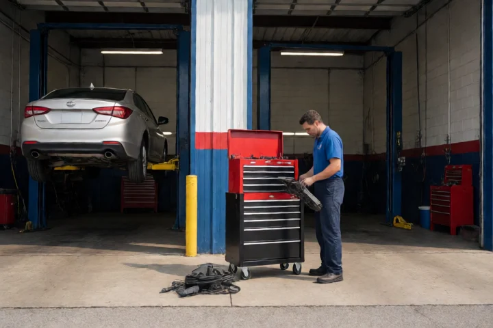 A Chesapeake auto repair bay shows a mechanic placing one replacement part beside a modest toolbox while a car waits on a lift