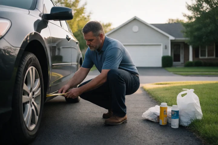 A Chesapeake homeowner measures the gap between a stalled car and a repaired wheel in a suburban driveway