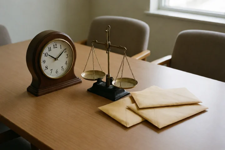 Three sealed envelopes are weighed against a small brass balance scale beside a wall clock