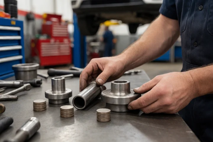 A vehicle repair estimate is represented by a mechanic placing three different-sized metal parts on a workbench