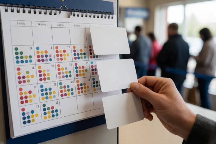 A hand moves three blank payment cards into separate rows beside a wall calendar marked only with abstract colored dots