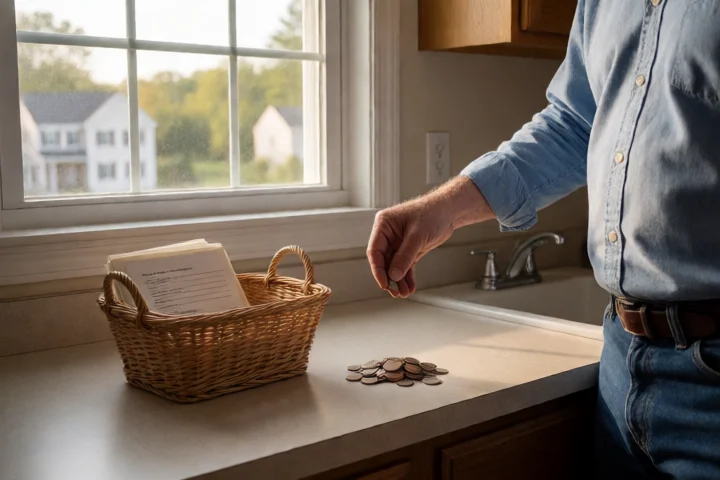 A homeowner separates only a small bundle of coins from a larger household expense basket on a utility-room work surface