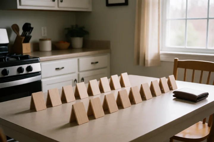 Two rows of blank wooden payment markers are placed across a kitchen table