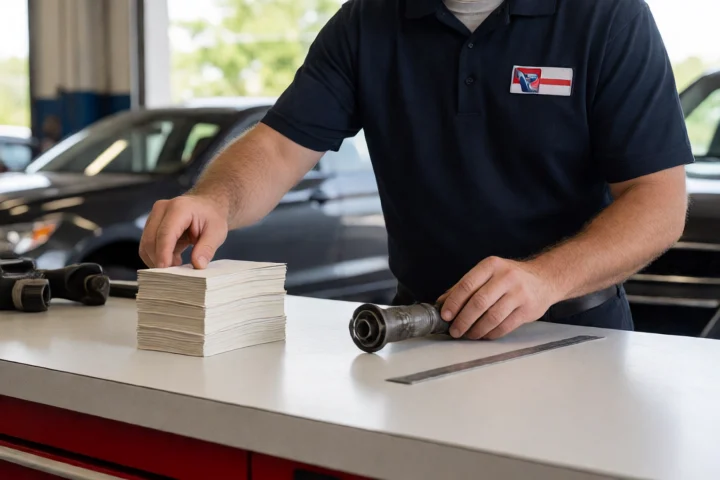 A Leesburg worker measures the distance between a stack of cash and a car repair part on a clean garage counter