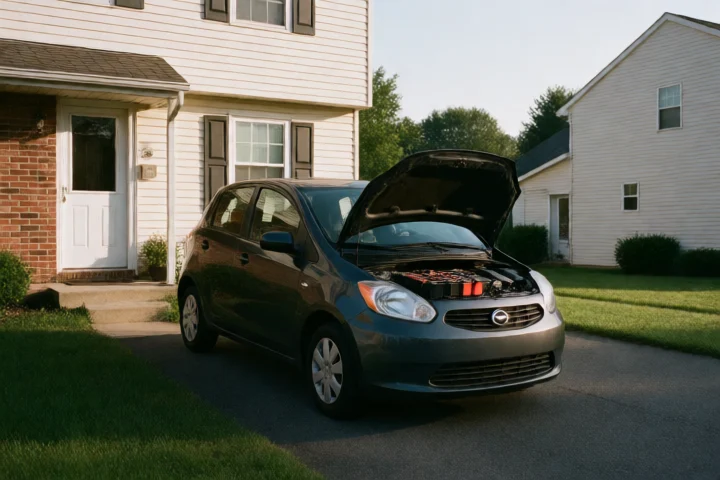 A parked compact car with its open hood and a neatly arranged $290-sized repair kit anchors an Annandale driveway beside a modest townhouse