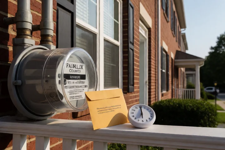 A Fairfax County utility meter and a small envelope of household cash sit beside a kitchen timer on an Annandale porch