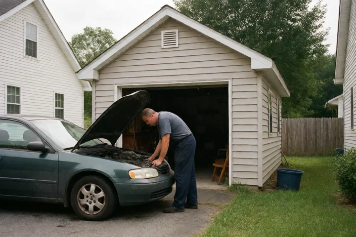 A mechanic inspecting a worn car beside a small residential garage in Burke, Virginia