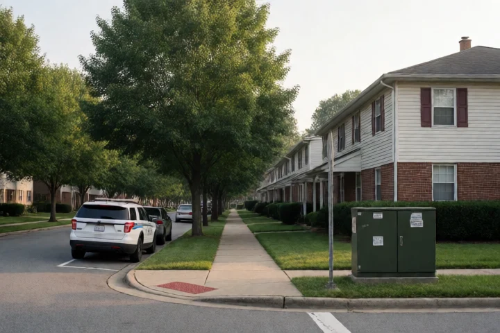 A suburban Burke street corner with a Fairfax County service vehicle paused near a modest apartment building, tree-lined sidewalks