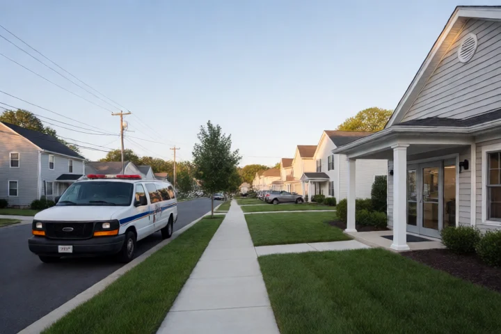 A Fairfax County community resource center entrance beside a neatly maintained sidewalk and a parked public-service van, Burke, Virginia