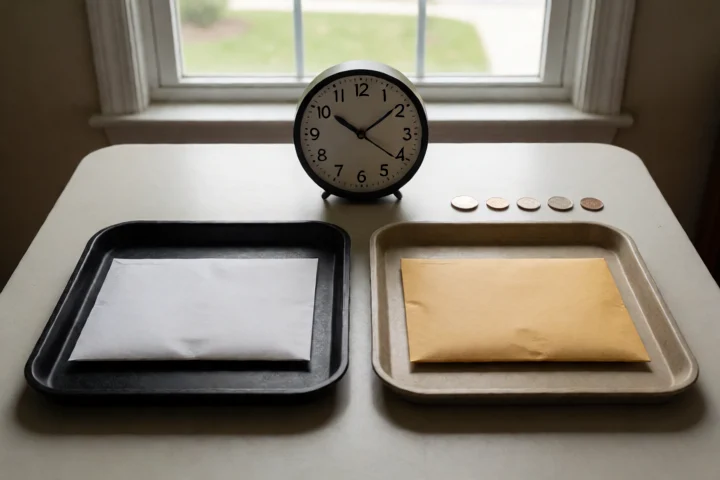 Two sealed payment envelopes rest in separate shallow trays beside an analog clock and evenly spaced coins