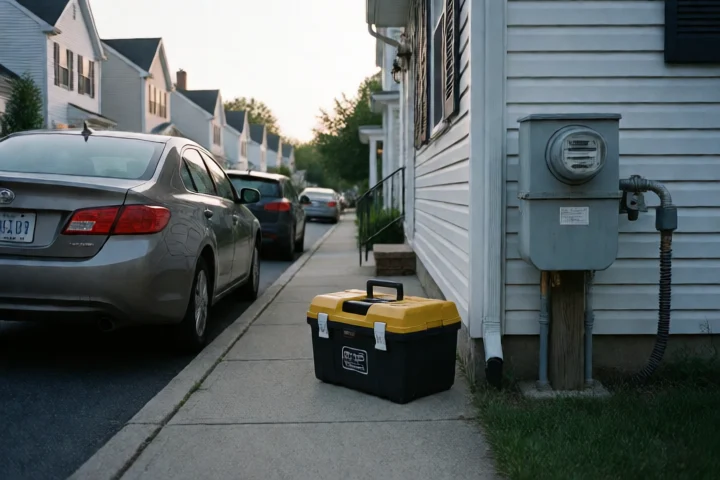 A household utility meter turns beside a parked commuter car and a neatly placed emergency repair toolbox