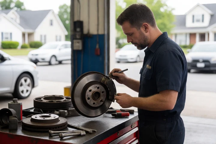 A mechanic measures the gap between a worn brake part and its replacement on a workbench, while only the necessary repair components are visible