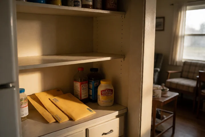 A Danville family places three sealed envelopes beside a nearly empty pantry shelf