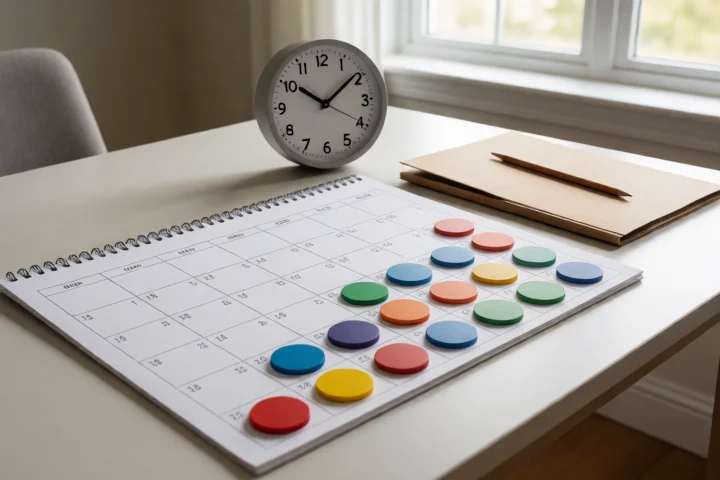 Colored payment tokens are arranged along a blank monthly wall calendar beside a simple analog clock