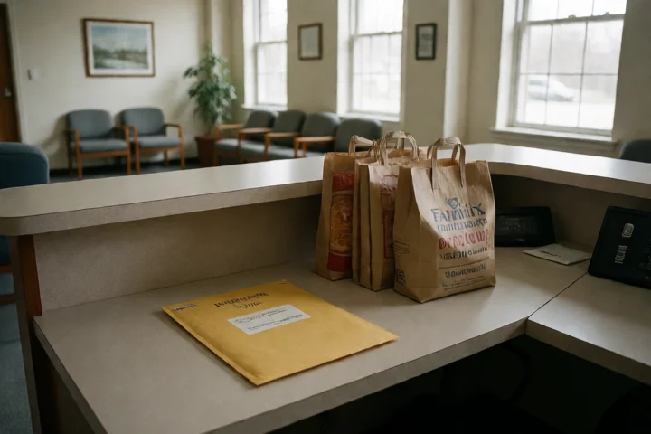 A Fairfax County community resource desk holds a sealed utility envelope beside a small stack of grocery and medicine bags