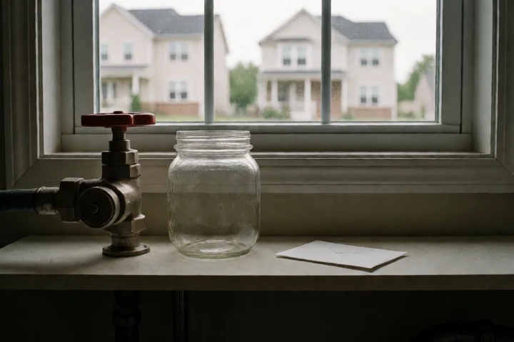 A utility shutoff valve and a nearly empty household cash jar sit beside a single small envelope on a Fairfax County suburban utility-room shelf
