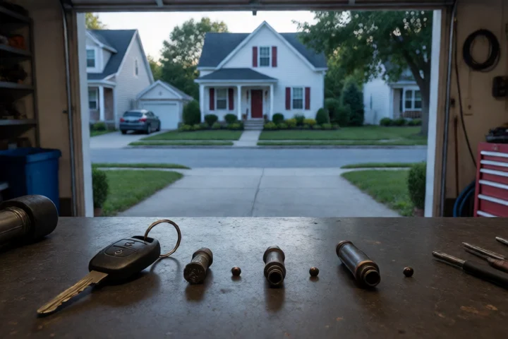 A car key rests beside a small repair part and three evenly spaced payment markers on a garage workbench