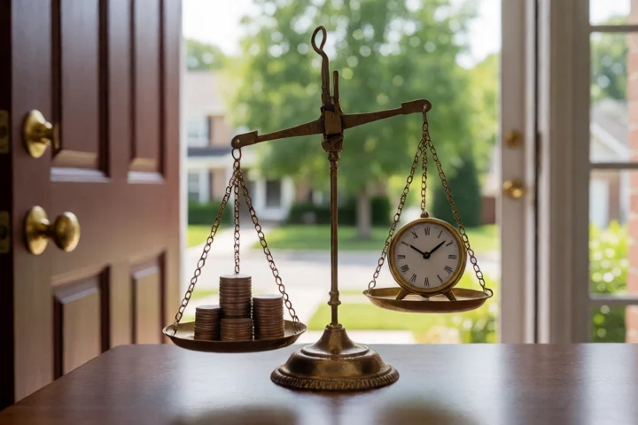 A balanced brass scale holds a modest stack of coins on one side and a small clock on the other, placed on a quiet Oakton