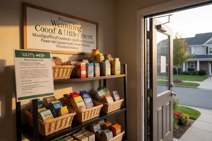 A Fairfax County community food-and-utility assistance shelf stands inside a welcoming Reston neighborhood resource center
