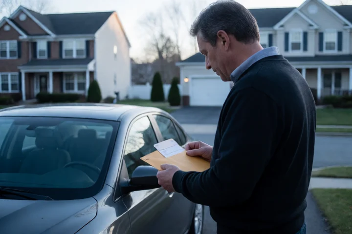 A Reston commuter checks a carefully packed budget envelope beside a repaired car in a residential driveway