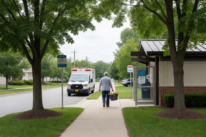 A resident carries a grocery basket toward a county support office near a Springfield, Virginia suburban transit stop
