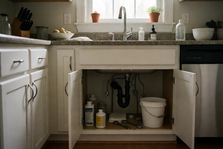 A homeowner repairs a leaking kitchen pipe beneath a sink in a Springfield, Virginia townhouse, with a small bucket, shutoff wrench