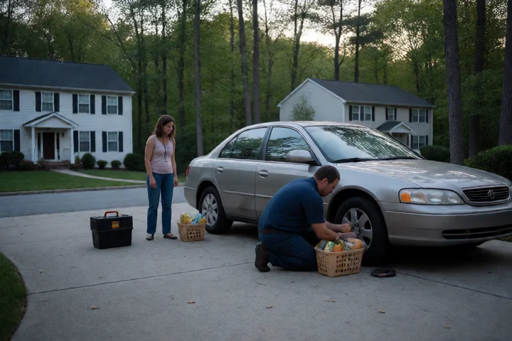 A roadside technician secures a damaged tire on a family sedan in a Springfield, Virginia suburban driveway