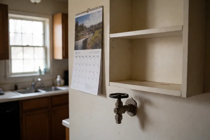A nearly empty household utility shelf beside a shutoff valve conveys the urgent bill without showing paperwork, inside a modest Dale City home