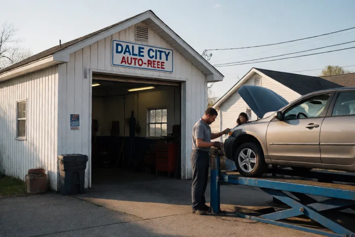 A mechanic inspects a damaged family car beside a small Dale City auto-repair garage