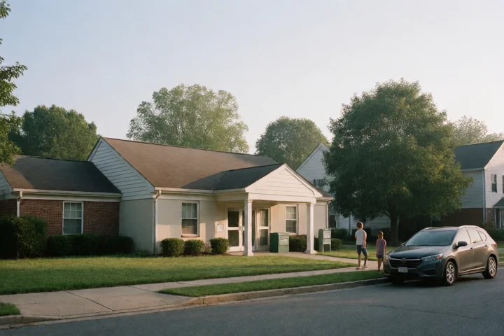 A county social-services entrance anchors a practical emergency-resource scene in Dale City, Virginia, with a modest civic building