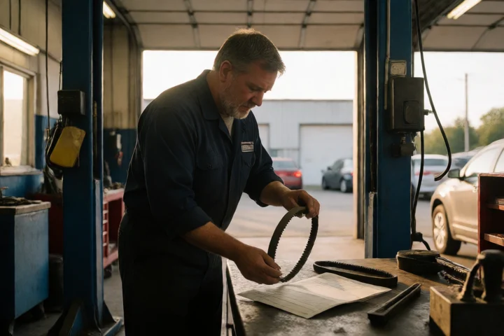 A mechanic places a small replacement belt beside a partially paid repair invoice with the paper face turned away