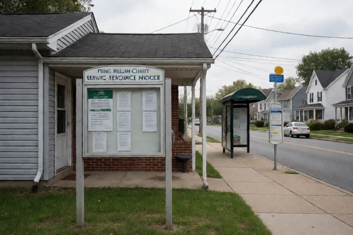 A Prince William County service-resource notice board stands outside a modest community services building in Lake Ridge