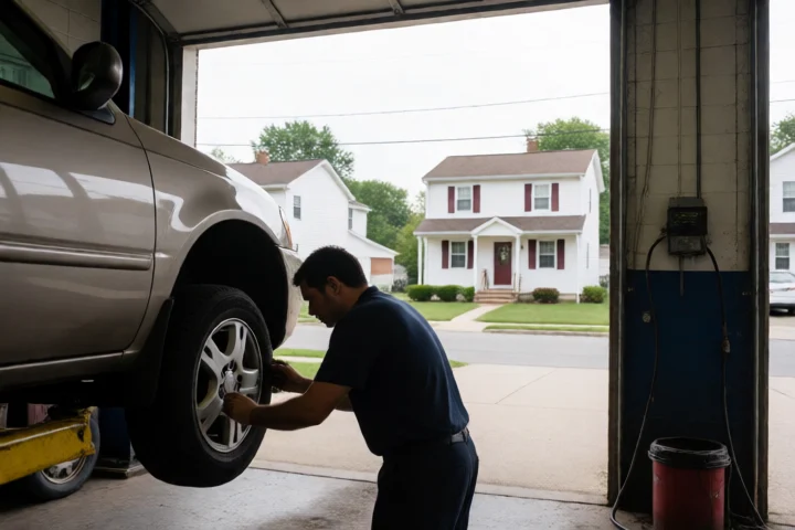 A mechanic inspects a raised car wheel beside a small suburban repair bay, with a Linton Hall, Virginia neighborhood visible beyond the open garage
