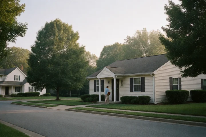 A resident approaches a modest county human-services office entrance with a folder held closed at their side, Prince William County, Virginia