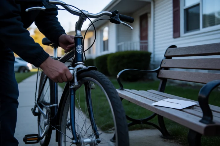 An Arlington commuter repairs a bicycle beside a residential building while a small emergency cash envelope rests unopened on a nearby bench