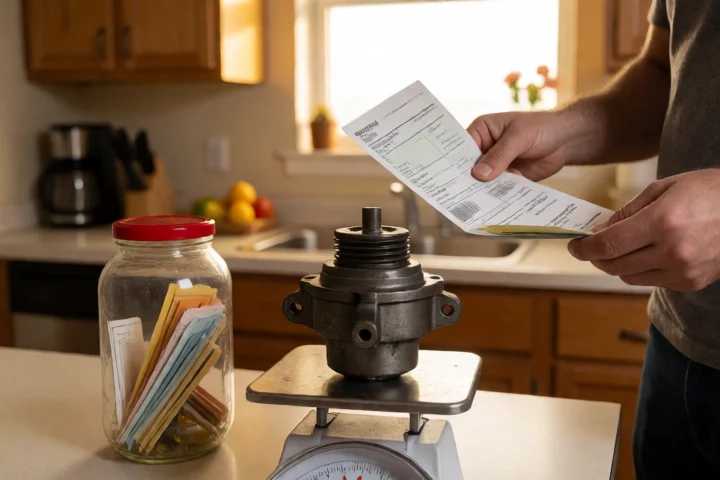 A household places a single car-repair component on a kitchen scale beside a capped jar of savings