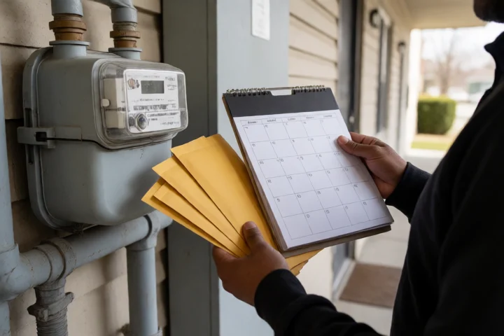 A renter in an Arlington apartment building studies several sealed payment envelopes and a wall calendar turned away from view