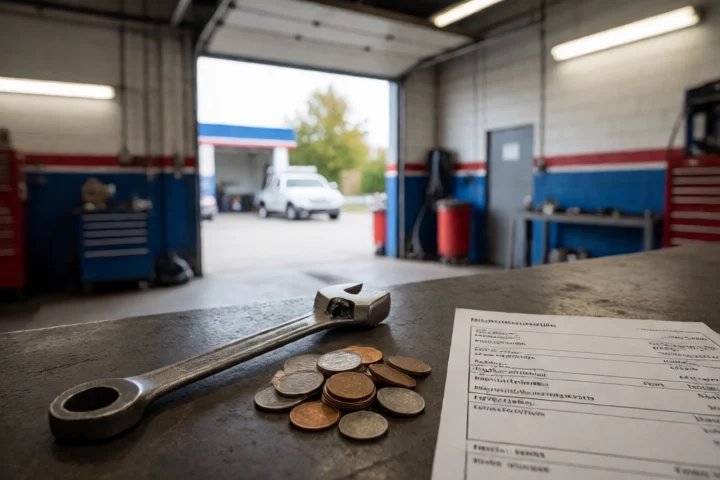 An auto repair invoice is represented by a single wrench beside a small, carefully separated pile of coins on a mechanic’s workbench