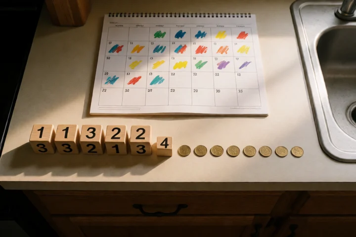 A row of numbered wooden blocks and small brass coins traces a payment timeline across a kitchen counter