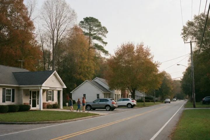 A county assistance office entrance sits beside a quiet Mechanicsville neighborhood road in Hanover County, Virginia