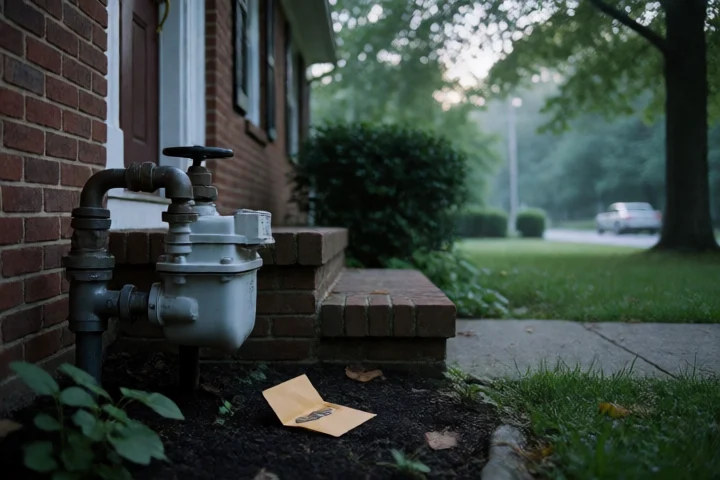 A residential water meter and shutoff valve sit beside a small envelope of coins outside a Tuckahoe home