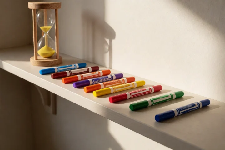 Colored wooden markers are placed at uneven intervals along a bare shelf beside an hourglass