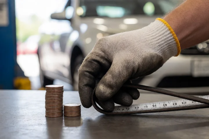 A mechanic’s gloved hand measures a worn car belt beside a modest stack of coins in a Tuckahoe auto repair bay