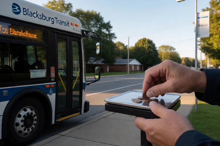 Hands place a few coins onto one side of a simple balance scale beside a parked Blacksburg Transit bus