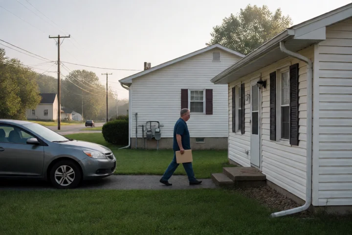 A resident carries a small plain folder toward a county assistance office in Blacksburg, with a modest rental home, parked car