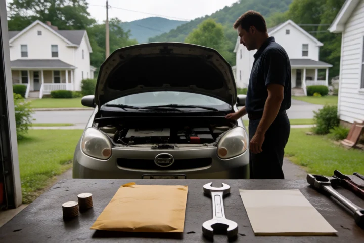 A mechanic pauses beside a compact car with its hood open, while four unlabeled objects—a small stack of coins, a sealed envelope, a wrench