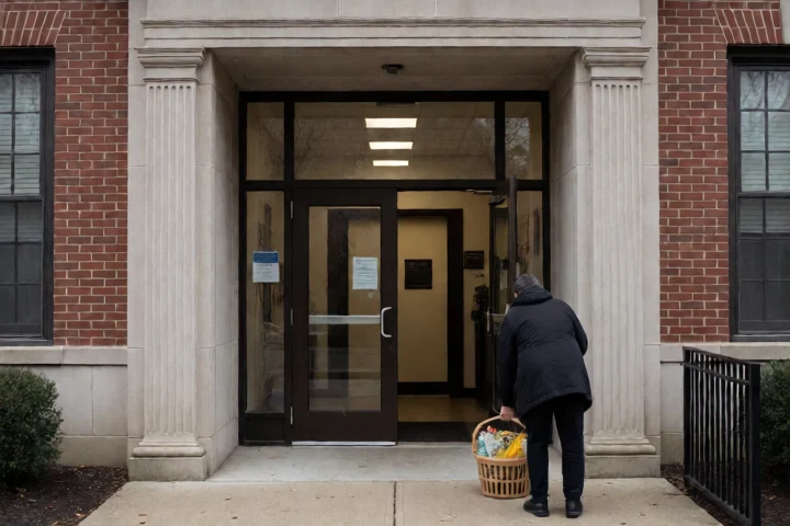 A resident places a small basket of groceries beside a community assistance center doorway in Ashburn, Virginia